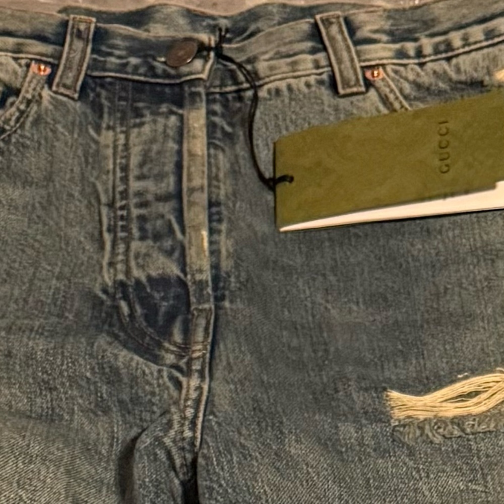 Gucci Blue Straight Leg Jeans with Distressed Details